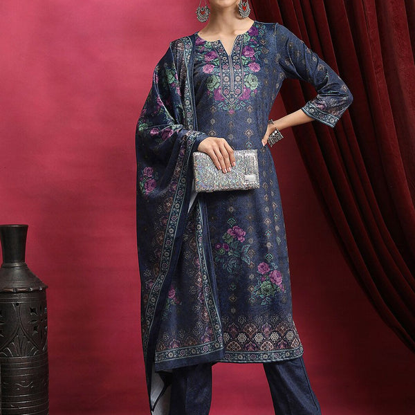 Vishudh Navy Blue Floral Printed Mandarin Collar Straight Kurta & Palazzos With Dupatta - Distacart