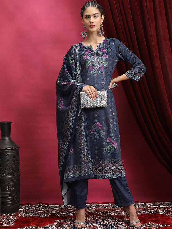 Vishudh Navy Blue Floral Printed Mandarin Collar Straight Kurta & Palazzos With Dupatta