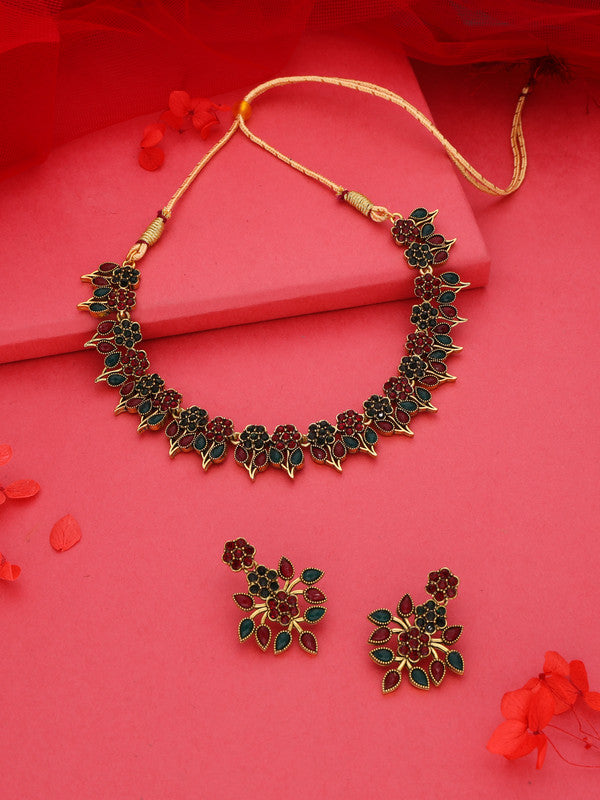 Tehzeeb Creations Green & Maroon Colour Gold Pleated Stone Studded Necklace With Earrings - Distacart