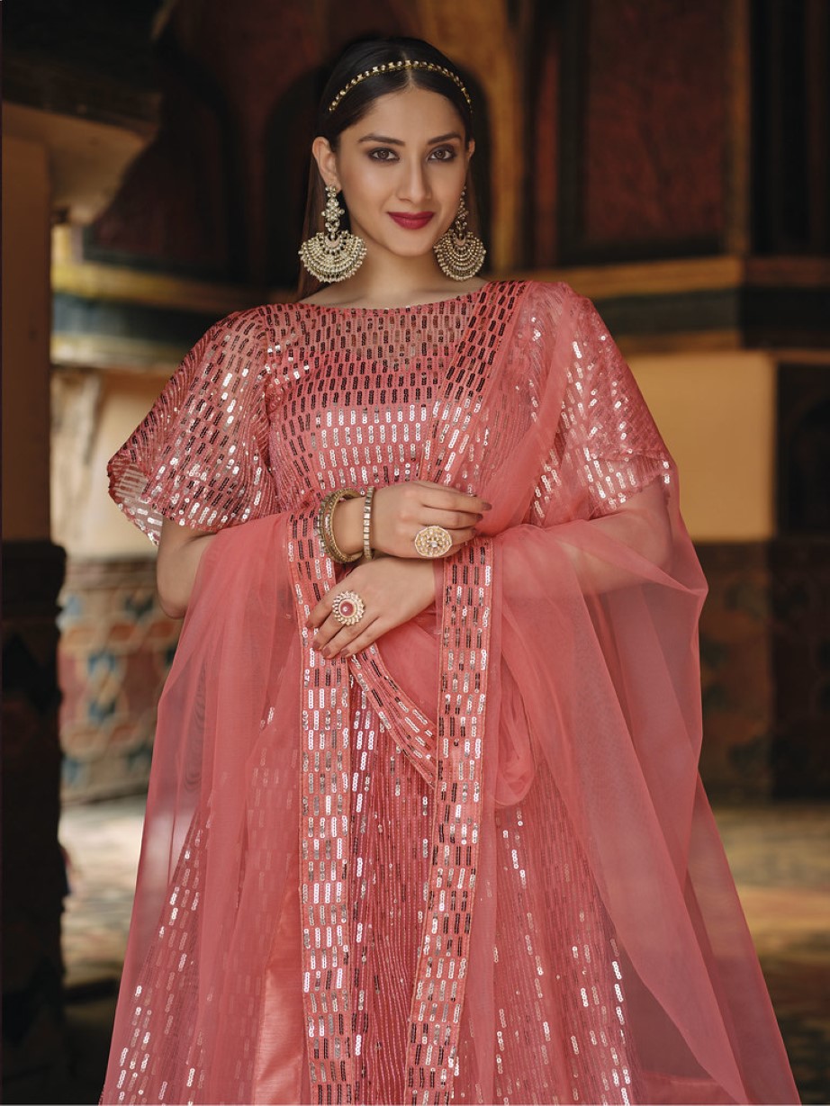 Anaita Peach Net Lehenga Choli With Embroidery & Sequence Work - Distacart
