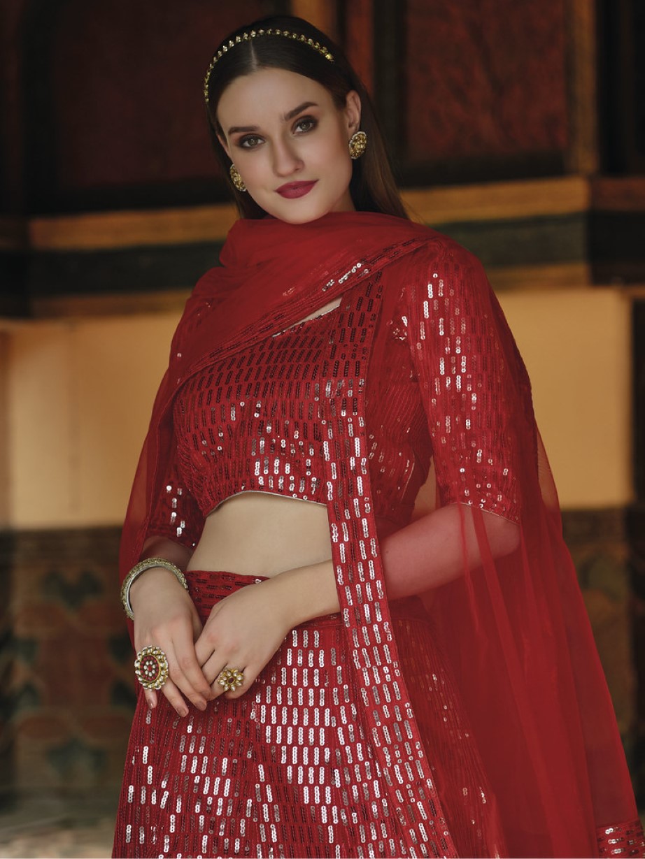 Anaita Red Net Lehenga Choli With Embroidery & Sequence Work - Distacart