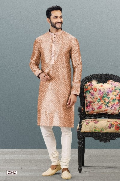 Raivat Ethnic Jacquard Banarasi Silk Pintux Work Kurta Pajama In Dark Peach Colour - Distacart