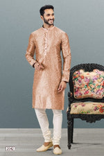 Thumbnail for Raivat Ethnic Jacquard Banarasi Silk Pintux Work Kurta Pajama In Dark Peach Colour - Distacart