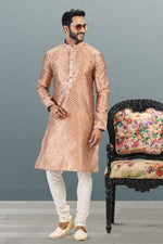 Thumbnail for Raivat Ethnic Jacquard Banarasi Silk Pintux Work Kurta Pajama In Dark Peach Colour - Distacart