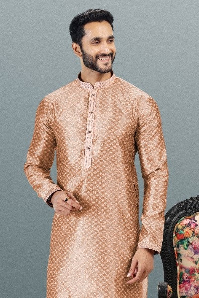 Raivat Ethnic Jacquard Banarasi Silk Pintux Work Kurta Pajama In Dark Peach Colour - Distacart