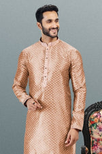 Thumbnail for Raivat Ethnic Jacquard Banarasi Silk Pintux Work Kurta Pajama In Dark Peach Colour - Distacart