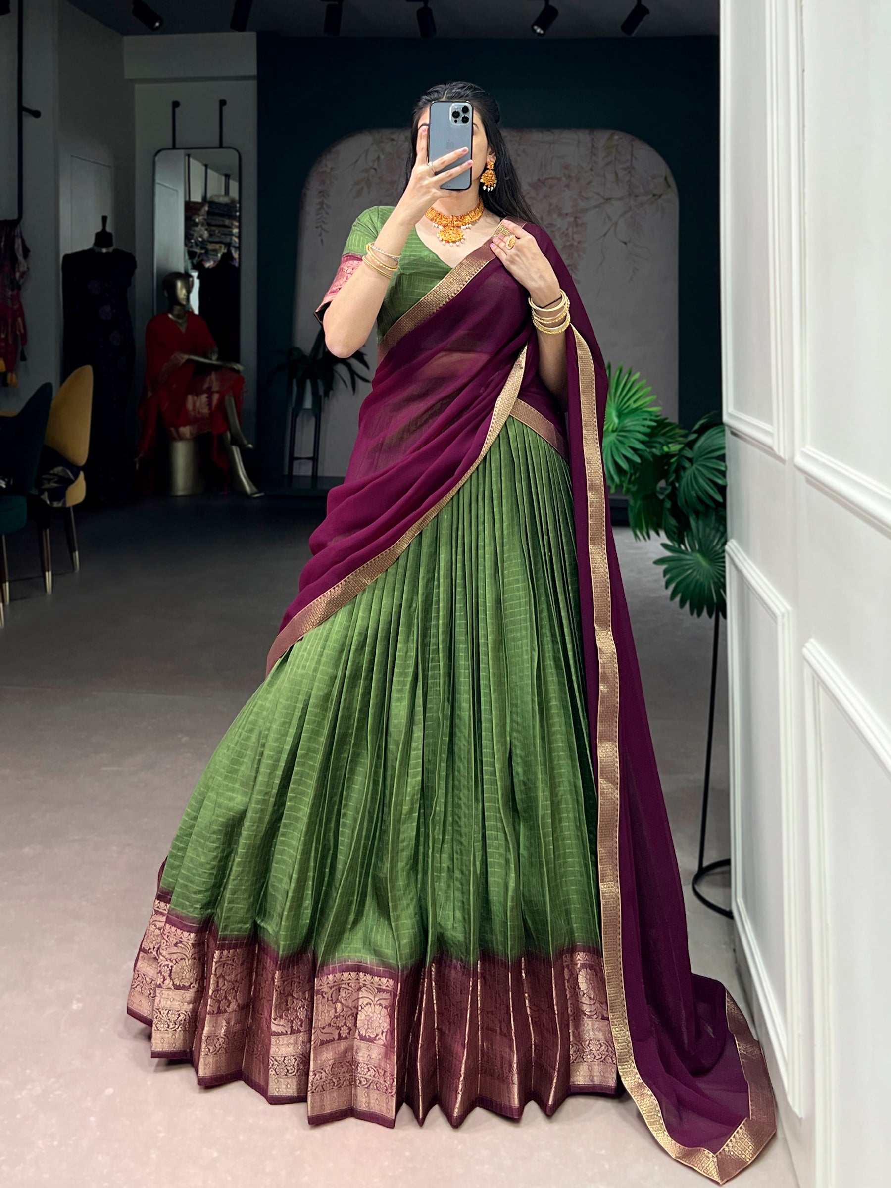 Lorenvalley Fashion Mehendi Dola Chex with Zari Weaving Work Lehenga Choli with Dupatta - Distacart