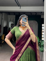 Thumbnail for Lorenvalley Fashion Mehendi Dola Chex with Zari Weaving Work Lehenga Choli with Dupatta - Distacart