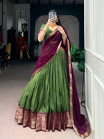 Thumbnail for Lorenvalley Fashion Mehendi Dola Chex with Zari Weaving Work Lehenga Choli with Dupatta - Distacart