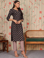 Thumbnail for Ode by House of Pataudi Keyhole Neck Printed Regular Chanderi Silk Straight Kurta Set - Distacart