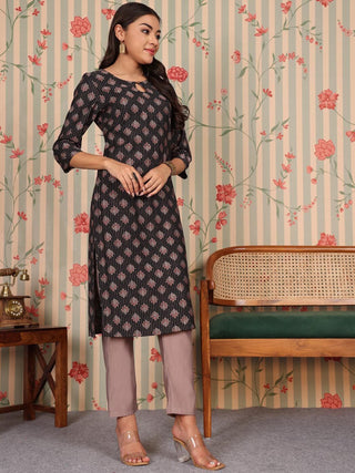 Ode by House of Pataudi Keyhole Neck Printed Regular Chanderi Silk Straight Kurta Set - Distacart