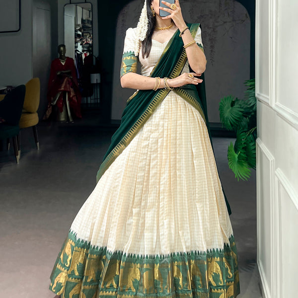 Lorenvalley Fashion White Poly Cotton Chex With Zari Weaving Work Lehenga Choli with Dupatta - Dista
