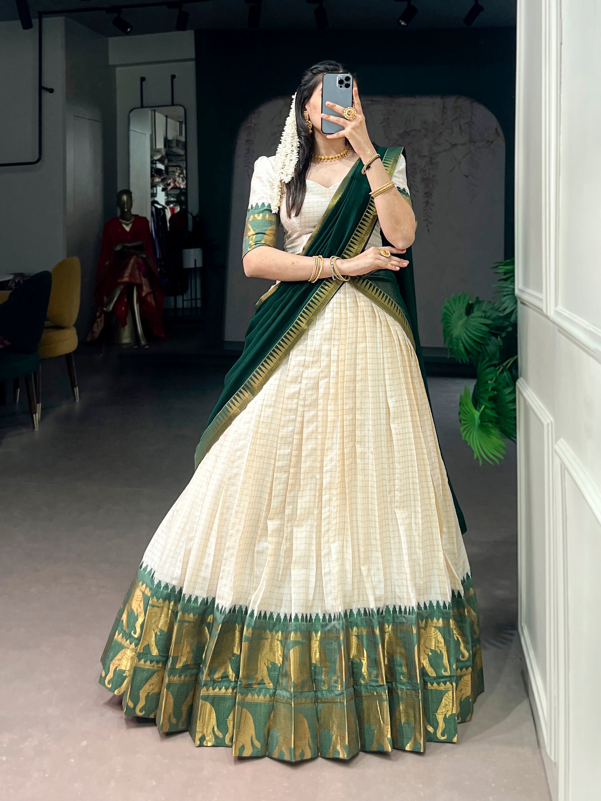 Lorenvalley Fashion White Poly Cotton Chex With Zari Weaving Work Lehenga Choli with Dupatta - Dista