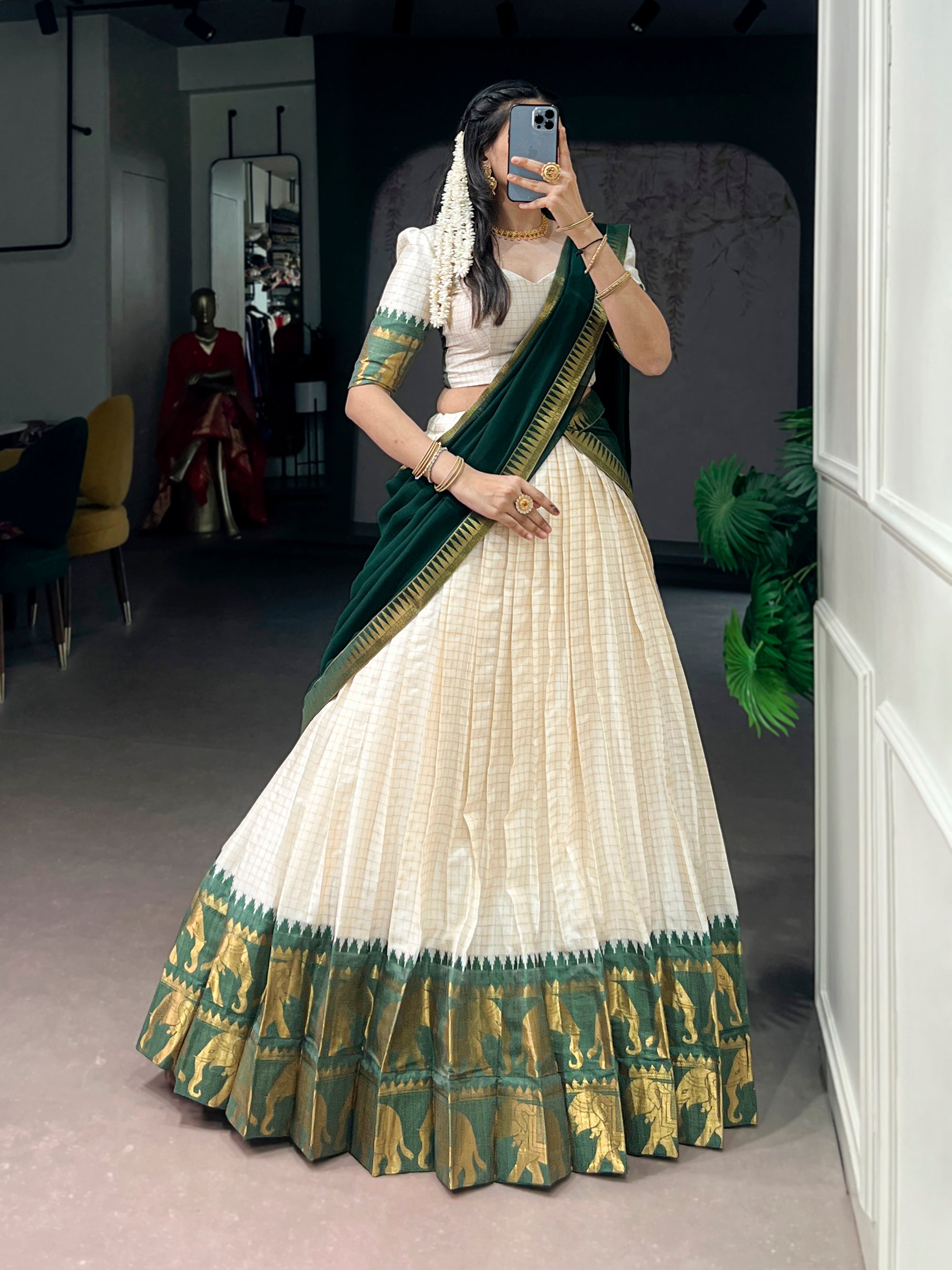 Lorenvalley Fashion White Poly Cotton Chex With Zari Weaving Work Lehenga Choli with Dupatta - Dista