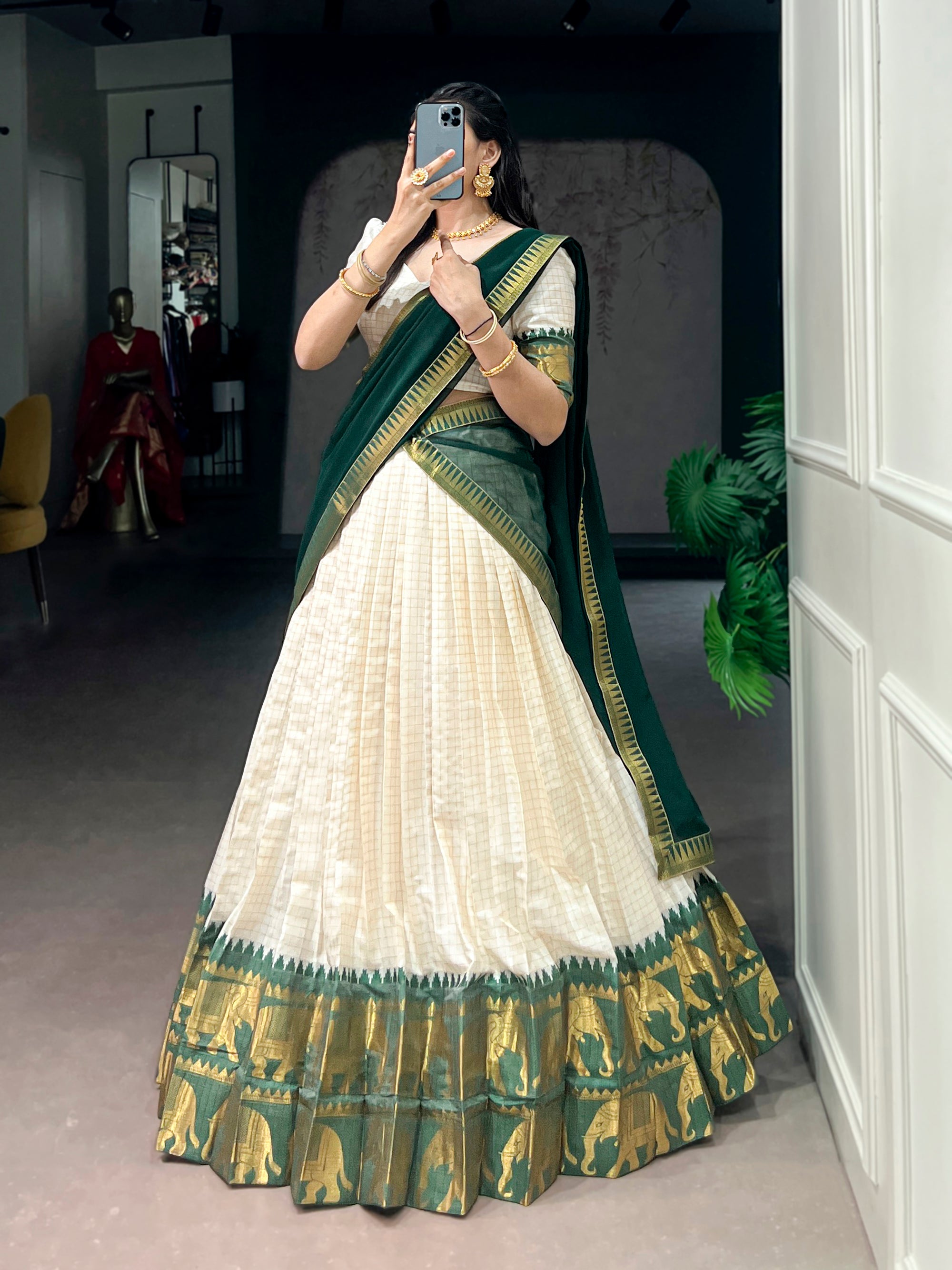 Lorenvalley Fashion White Poly Cotton Chex With Zari Weaving Work Lehenga Choli with Dupatta - Dista