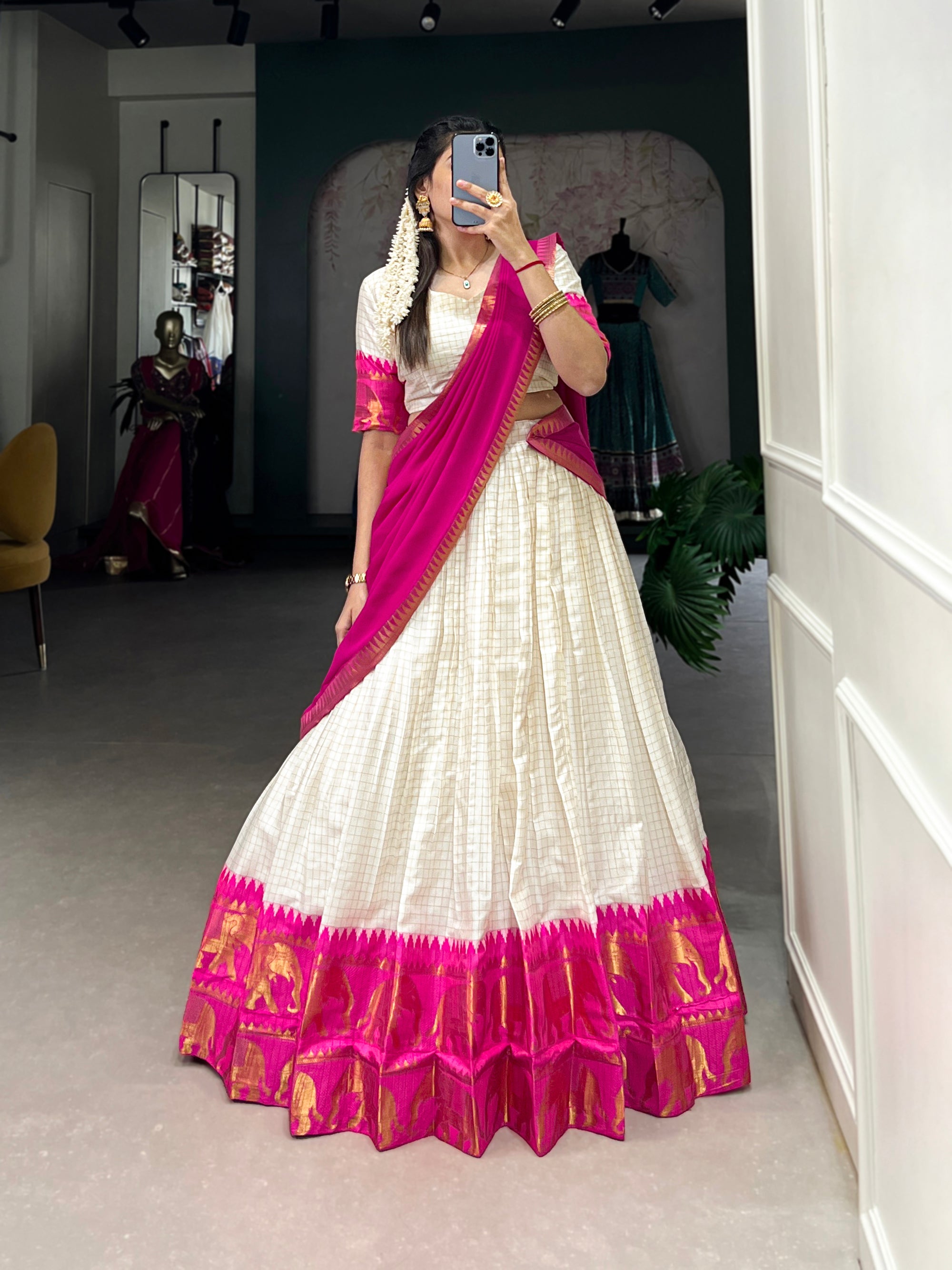 Lorenvalley Fashion White Poly Cotton Chex With Zari Weaving Work Lehenga Choli with Dupatta - Dista