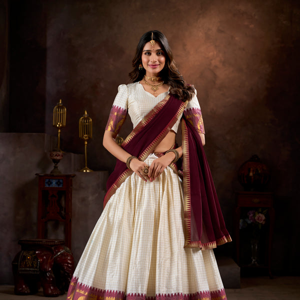 Lorenvalley White Poly Cotton Chex With Zari Weaving Work Lehenga Choli with Dupatta - Distacart
