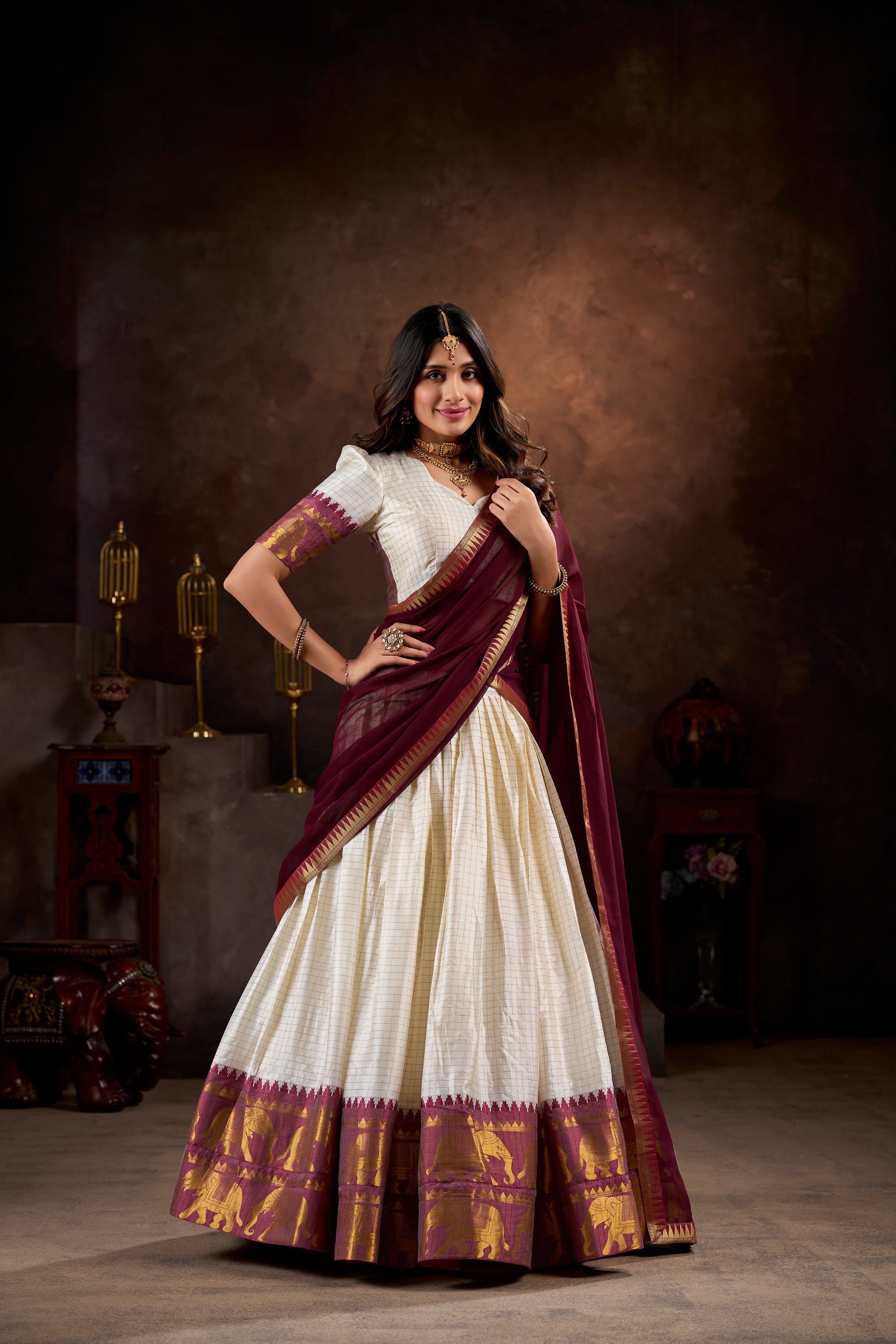 Lorenvalley White Poly Cotton Chex With Zari Weaving Work Lehenga Choli with Dupatta