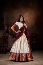 Thumbnail for Lorenvalley White Poly Cotton Chex With Zari Weaving Work Lehenga Choli with Dupatta