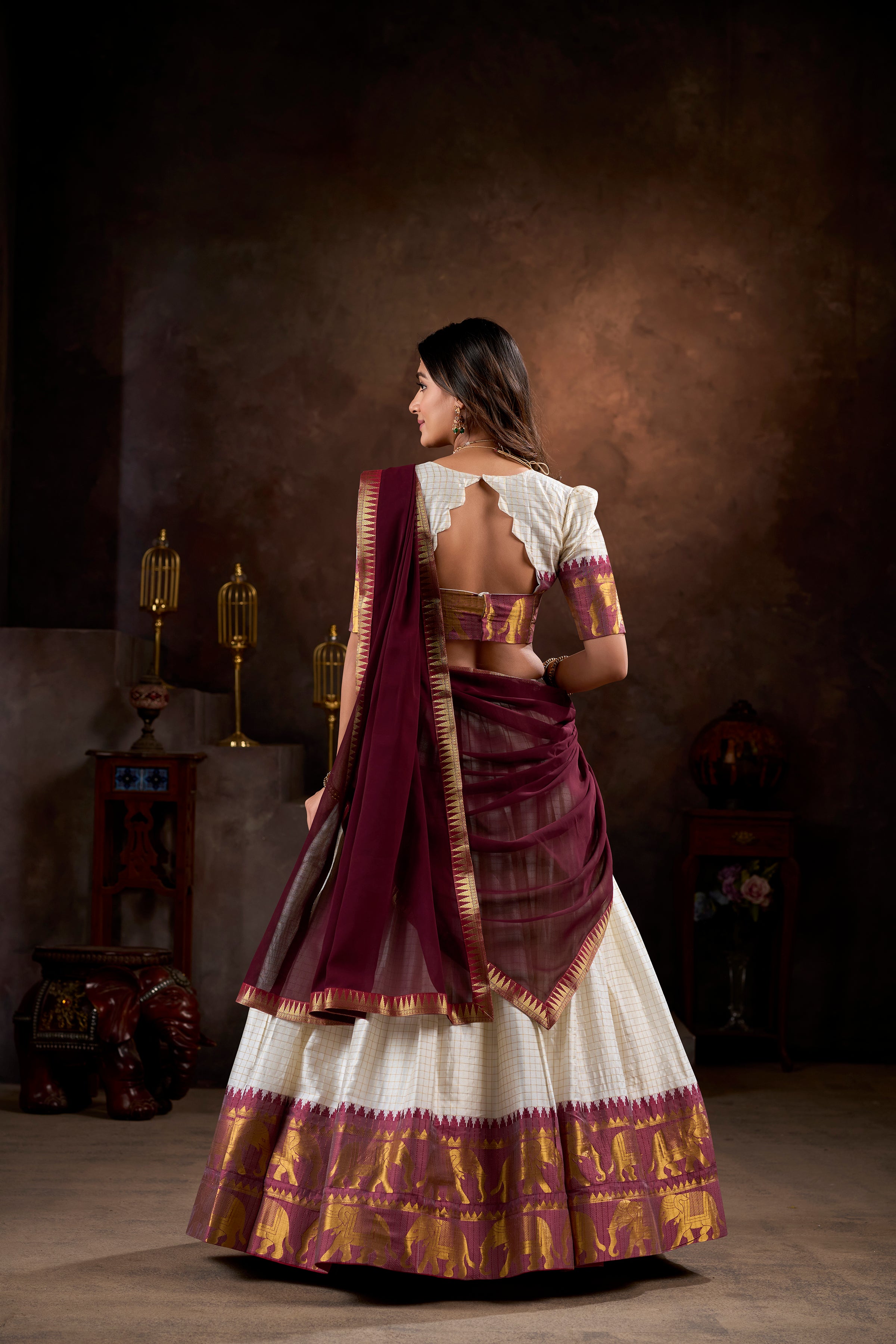 Lorenvalley White Poly Cotton Chex With Zari Weaving Work Lehenga Choli with Dupatta