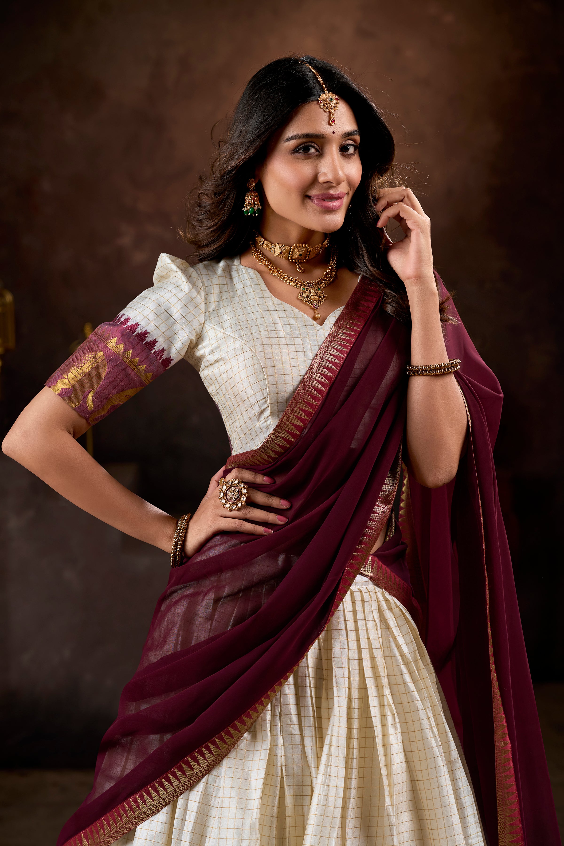 Lorenvalley White Poly Cotton Chex With Zari Weaving Work Lehenga Choli with Dupatta