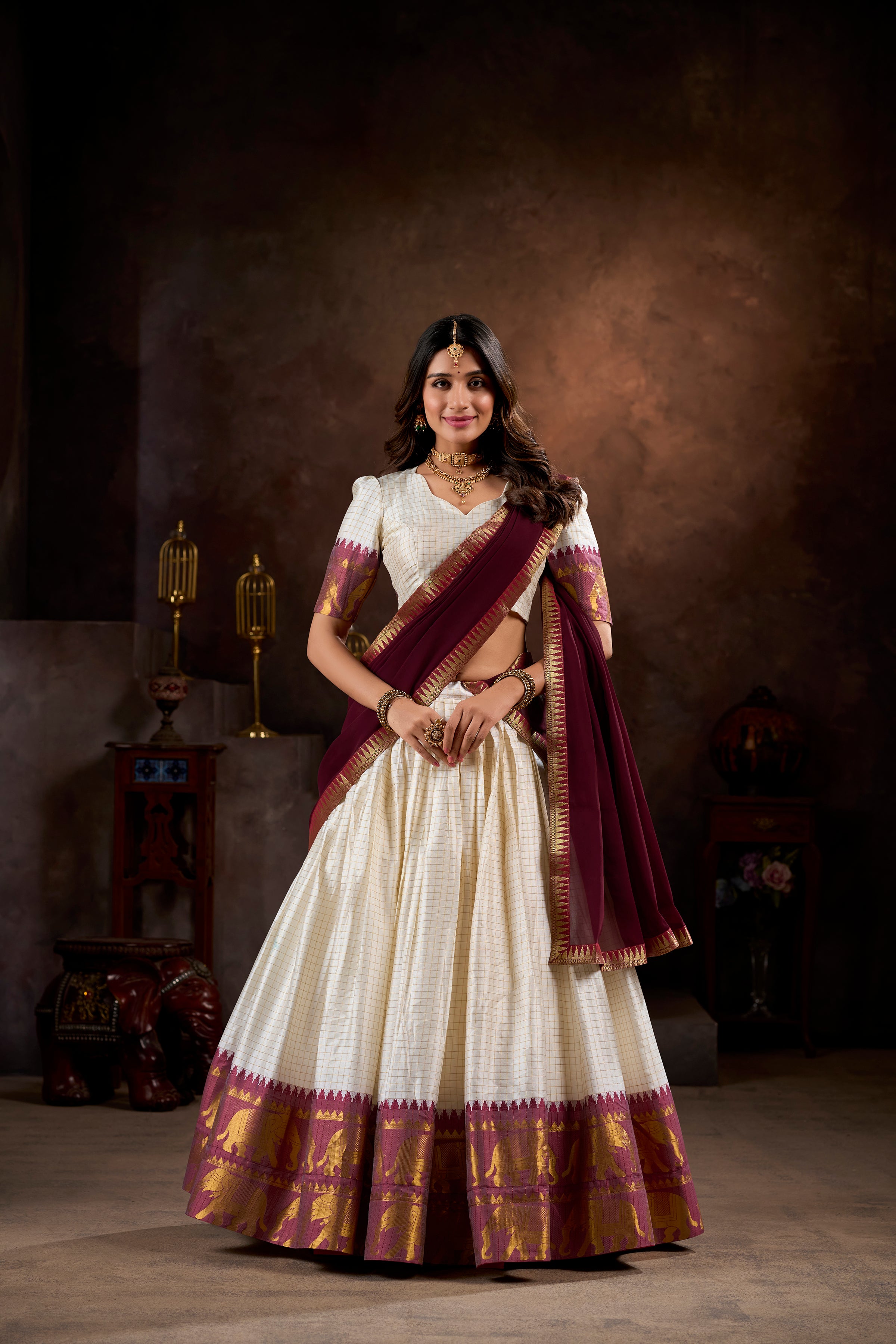 Lorenvalley White Poly Cotton Chex With Zari Weaving Work Lehenga Choli with Dupatta