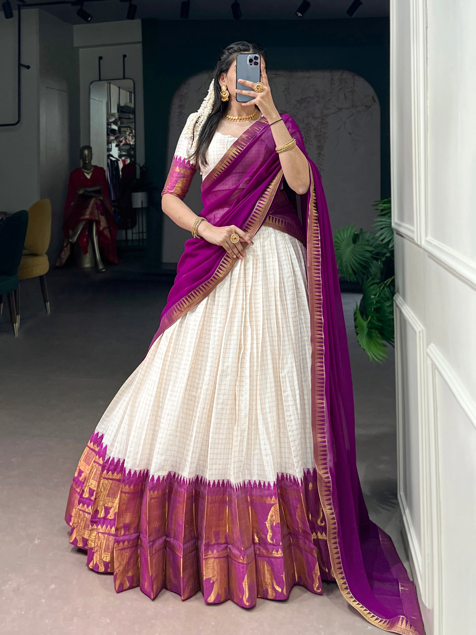 Lorenvalley Fashion White Poly Cotton Chex With Zari Weaving Work Lehenga Choli with Dupatta - Dista