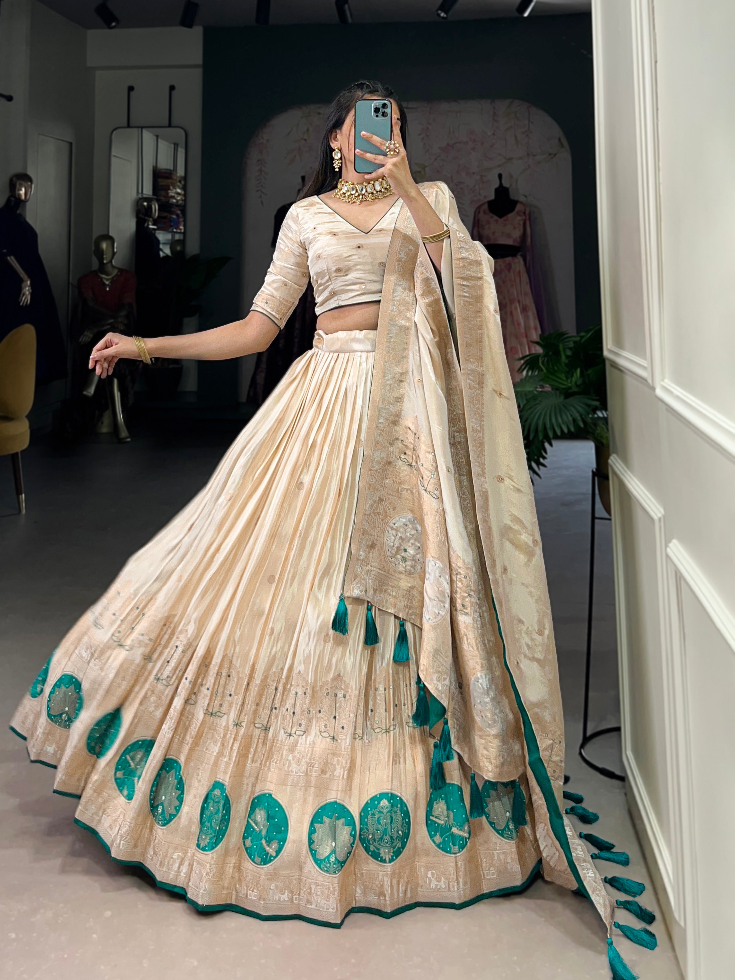 Lorenvalley Off White Pure Shimmer With Weaving Work with Mirror And Beads (Moti) Hand Work Lehenga Choli - Distacart