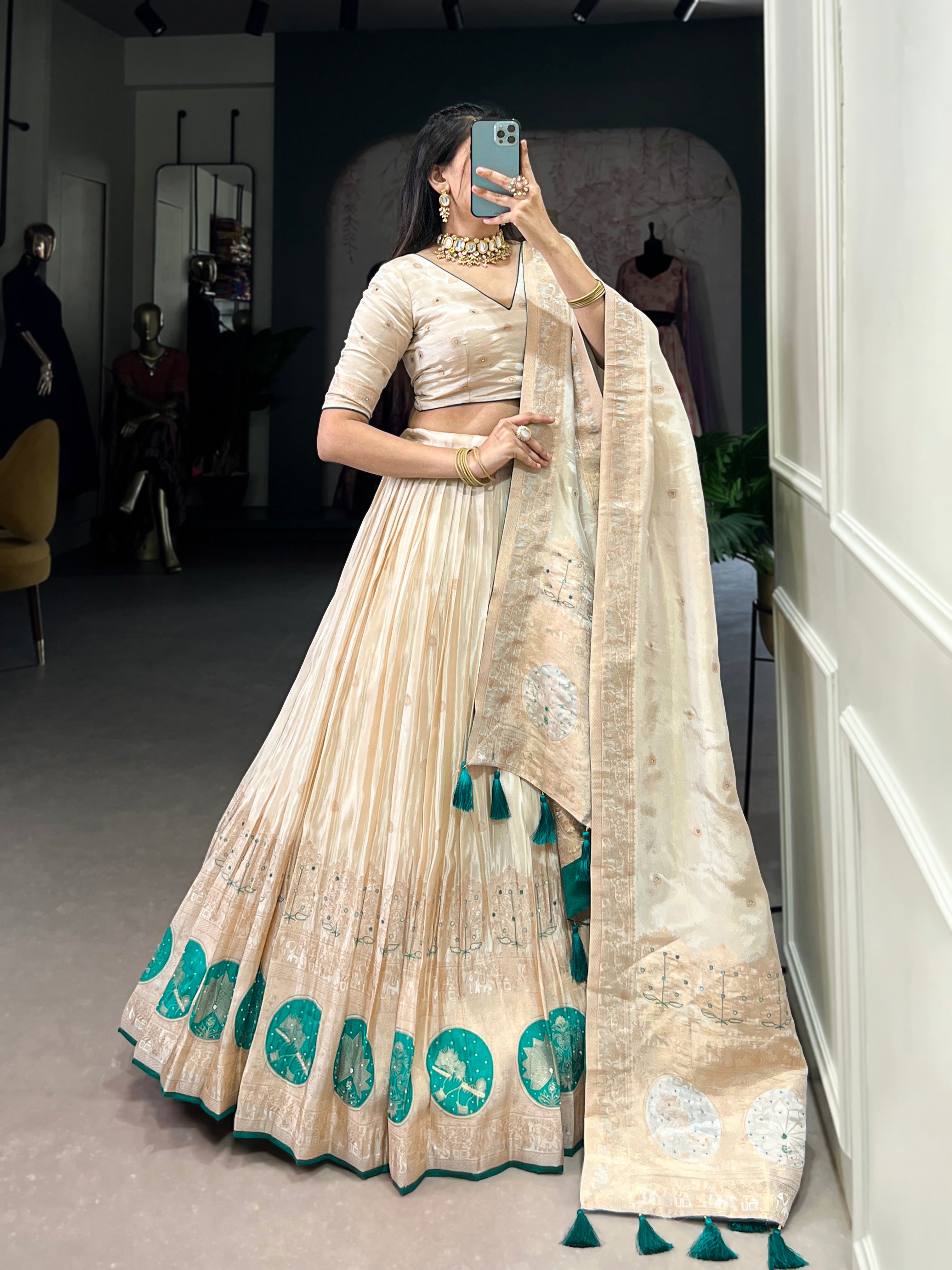 Lorenvalley Off White Pure Shimmer With Weaving Work with Mirror And Beads (Moti) Hand Work Lehenga Choli - Distacart