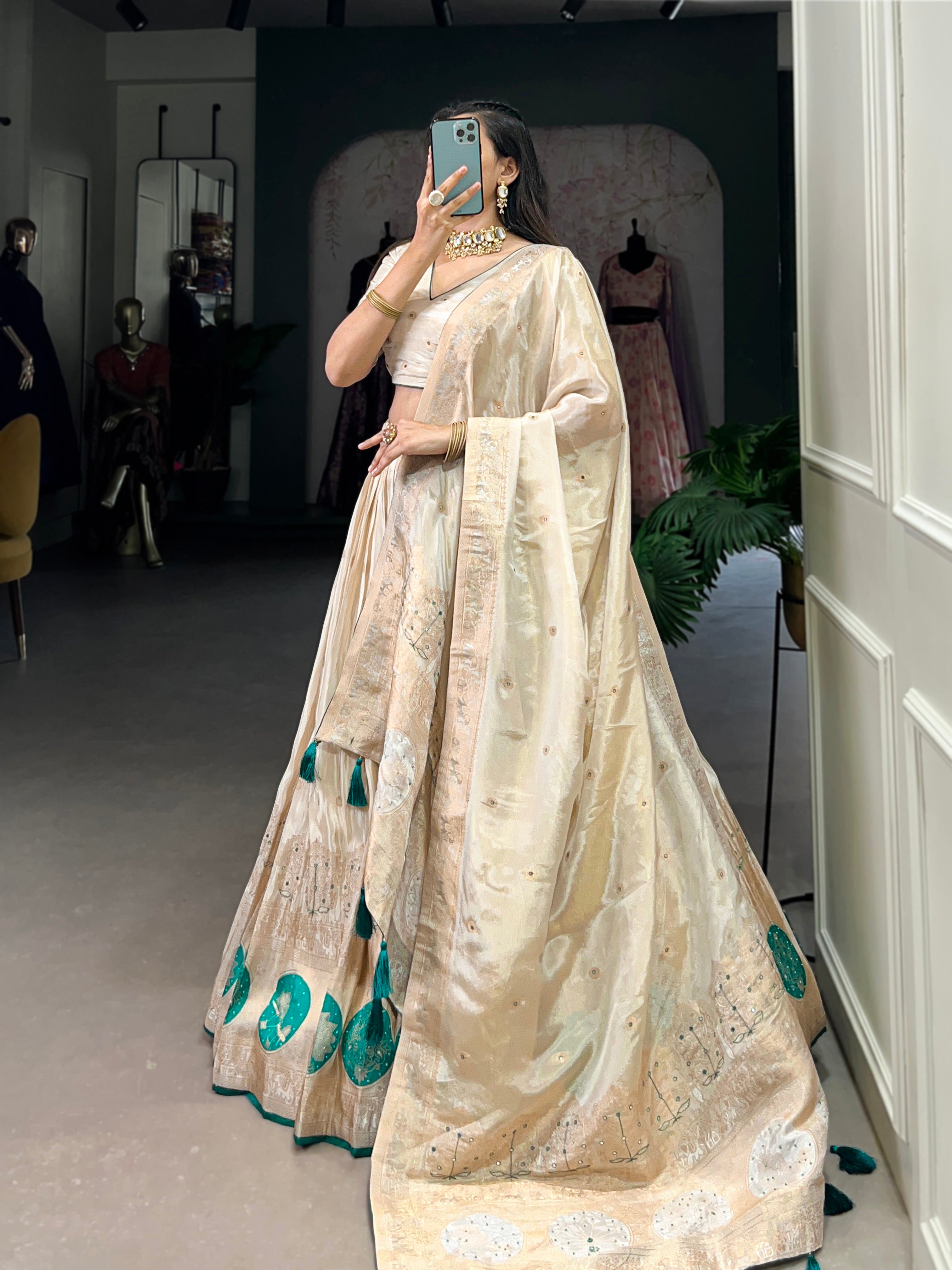 Lorenvalley Off White Pure Shimmer With Weaving Work with Mirror And Beads (Moti) Hand Work Lehenga Choli - Distacart