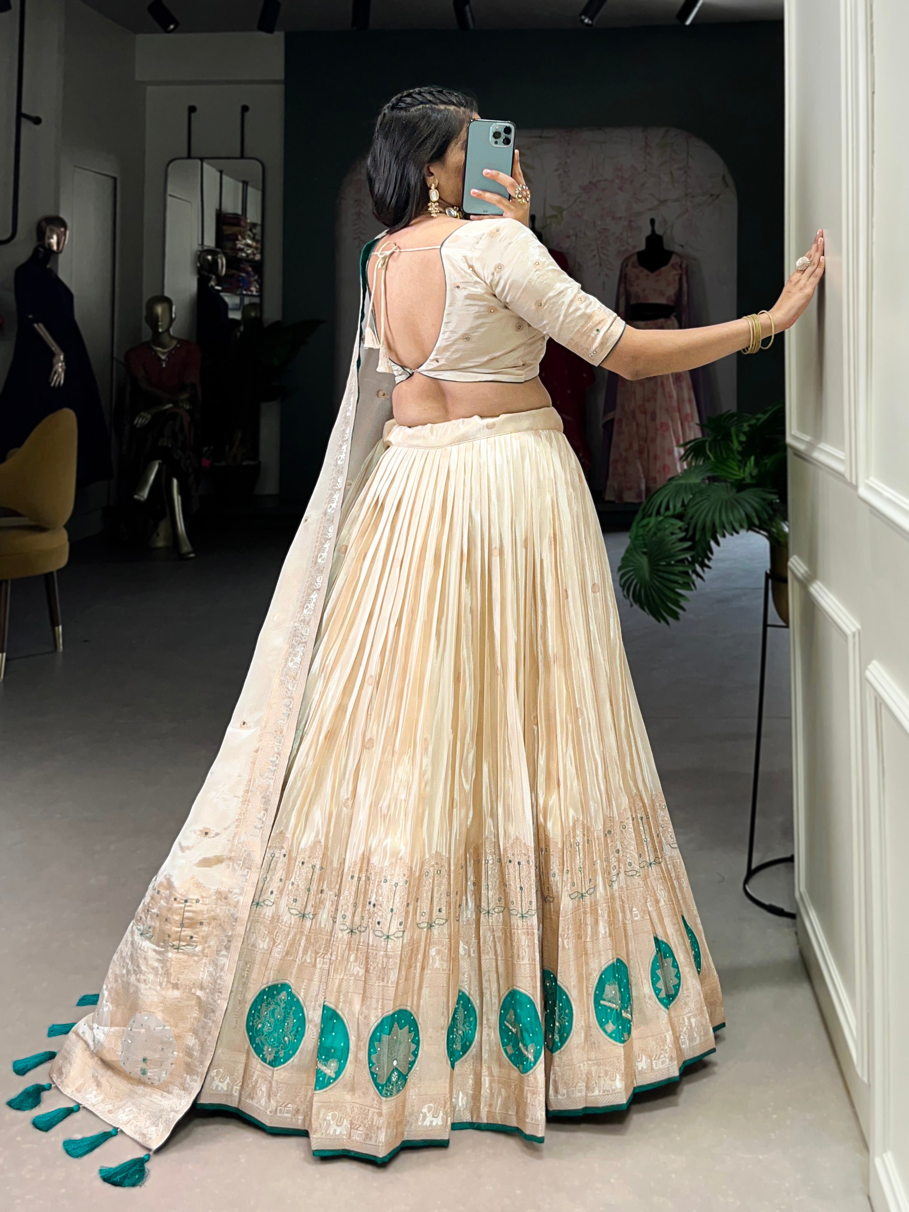Lorenvalley Off White Pure Shimmer With Weaving Work with Mirror And Beads (Moti) Hand Work Lehenga Choli - Distacart