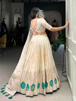 Thumbnail for Lorenvalley Off White Pure Shimmer With Weaving Work with Mirror And Beads (Moti) Hand Work Lehenga Choli - Distacart