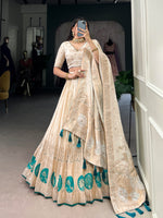 Thumbnail for Lorenvalley Off White Pure Shimmer With Weaving Work with Mirror And Beads (Moti) Hand Work Lehenga Choli - Distacart