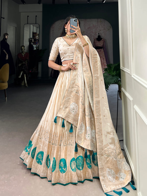 Lorenvalley Off White Pure Shimmer With Weaving Work with Mirror And Beads (Moti) Hand Work Lehenga Choli - Distacart