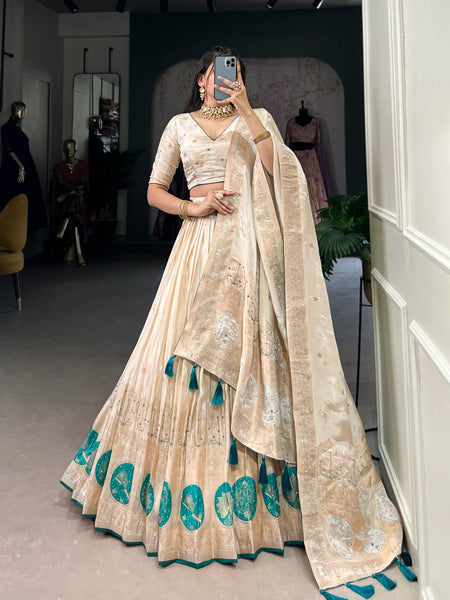 Lorenvalley Off White Pure Shimmer With Weaving Work with Mirror And Beads (Moti) Hand Work Lehenga Choli - Distacart