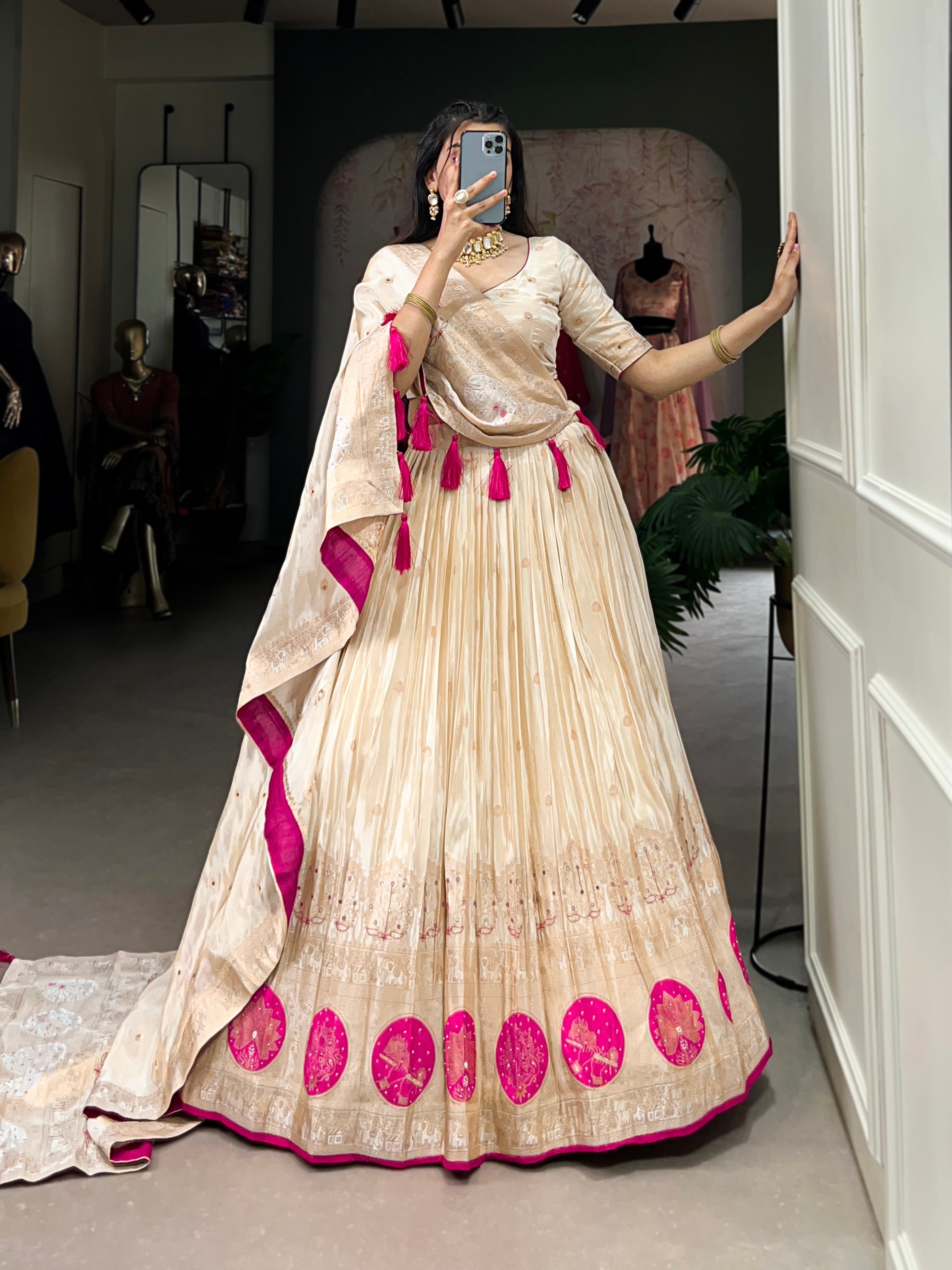 Lorenvalley Off White Pure Shimmer With Weaving Work with Mirror And Beads (Moti) Hand Work Lehenga Choli - Distacart