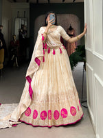 Thumbnail for Lorenvalley Off White Pure Shimmer With Weaving Work with Mirror And Beads (Moti) Hand Work Lehenga Choli - Distacart