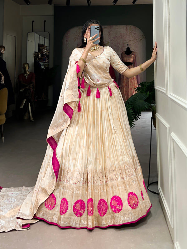 Lorenvalley Off White Pure Shimmer With Weaving Work with Mirror And Beads (Moti) Hand Work Lehenga Choli - Distacart