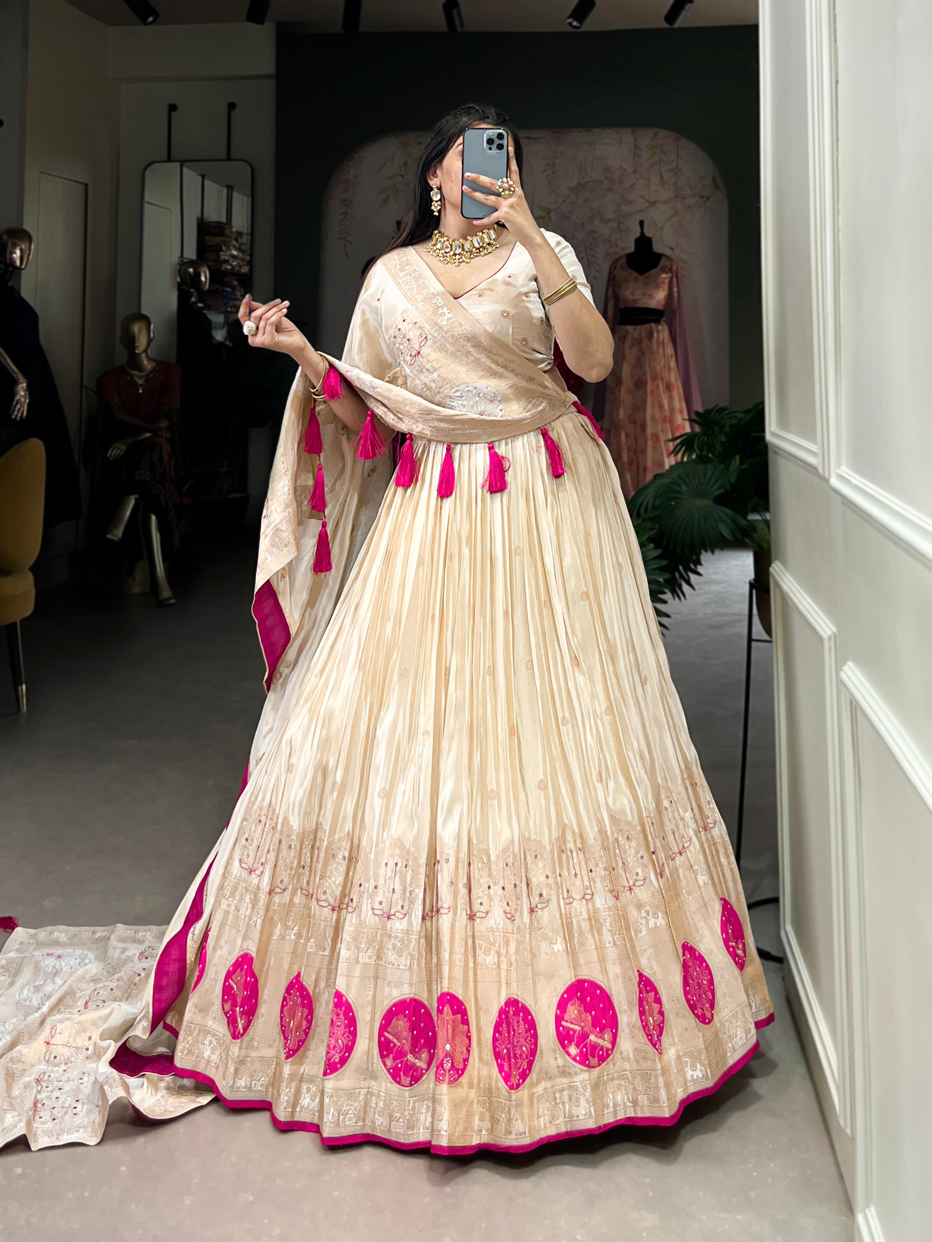 Lorenvalley Off White Pure Shimmer With Weaving Work with Mirror And Beads (Moti) Hand Work Lehenga Choli - Distacart