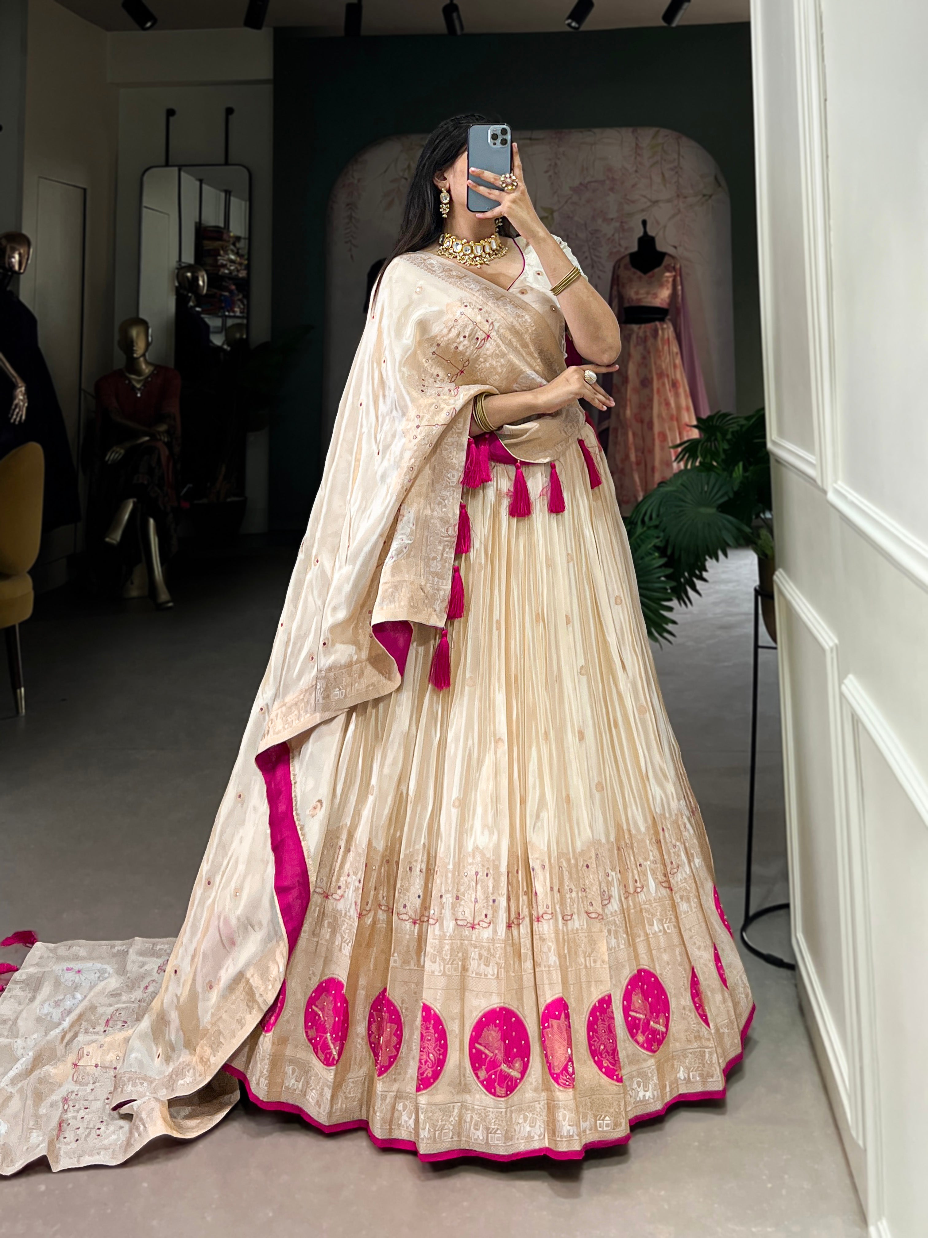 Lorenvalley Off White Pure Shimmer With Weaving Work with Mirror And Beads (Moti) Hand Work Lehenga Choli - Distacart