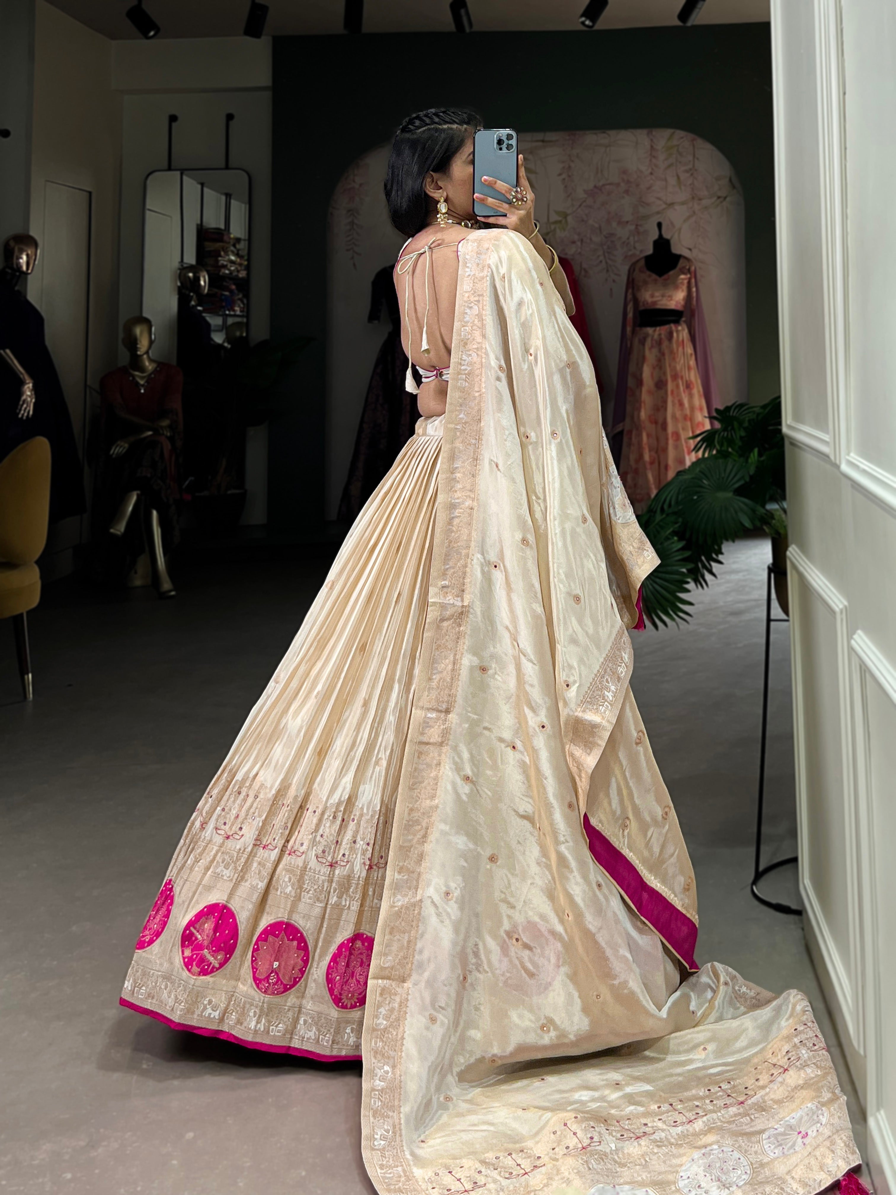 Lorenvalley Off White Pure Shimmer With Weaving Work with Mirror And Beads (Moti) Hand Work Lehenga Choli - Distacart