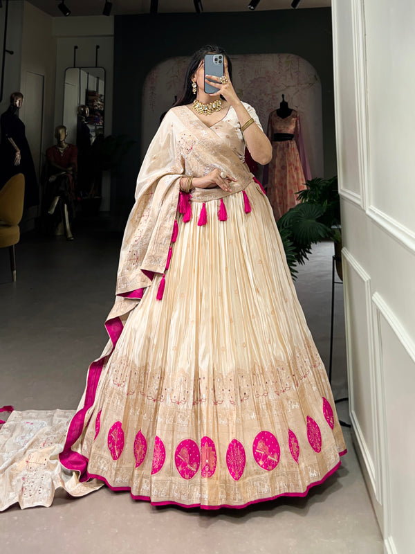 Lorenvalley Off White Pure Shimmer With Weaving Work with Mirror And Beads (Moti) Hand Work Lehenga Choli - Distacart