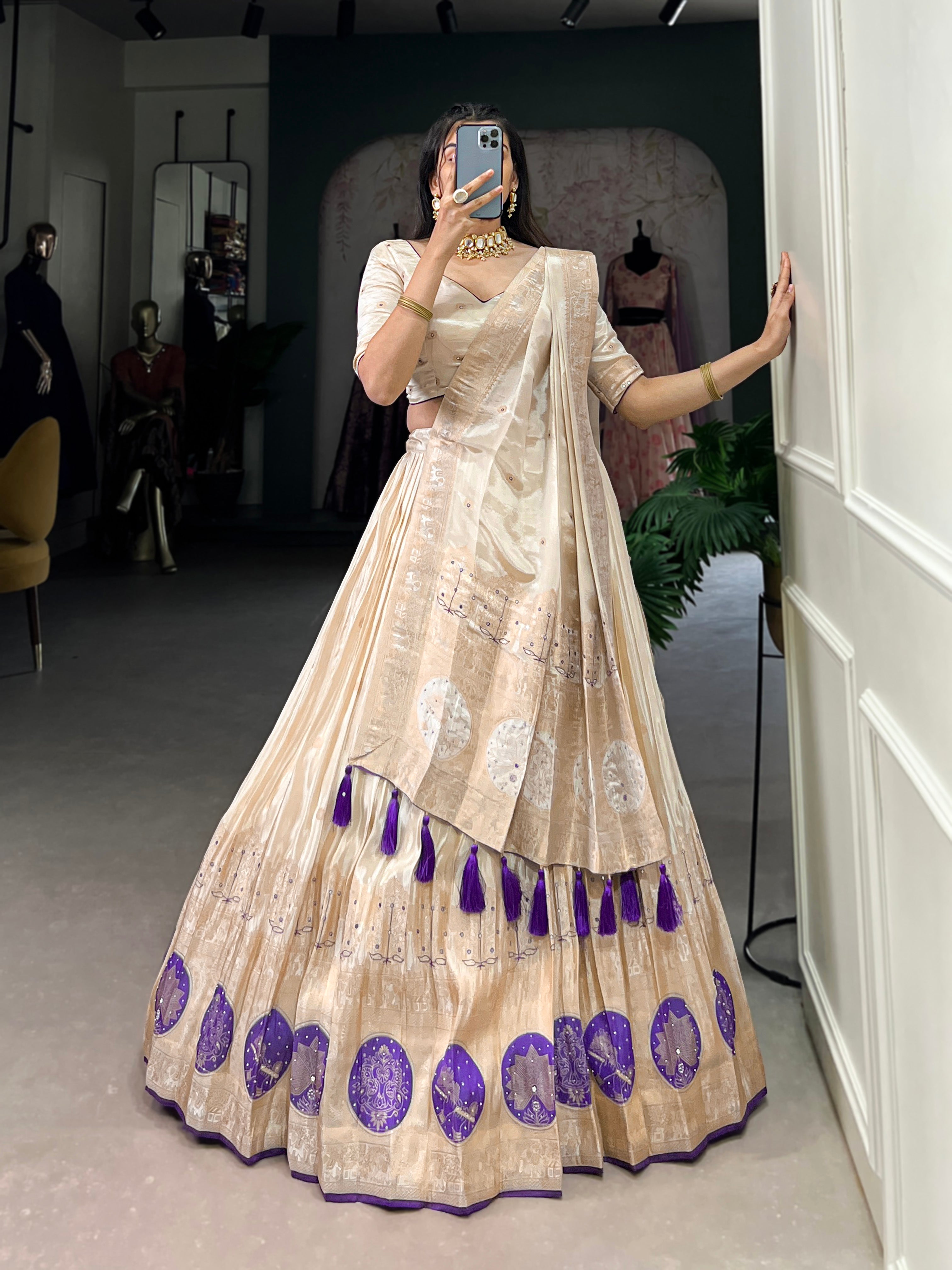 Lorenvalley Off White Pure Shimmer With Weaving Work with Mirror And Beads (Moti) Hand Work Lehenga Choli - Distacart