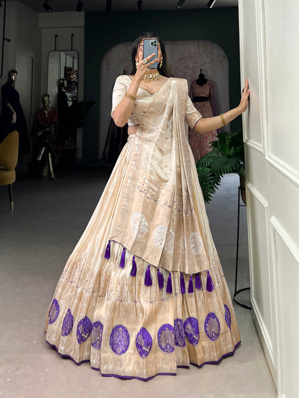 Lorenvalley Off White Pure Shimmer With Weaving Work with Mirror And Beads (Moti) Hand Work Lehenga Choli - Distacart
