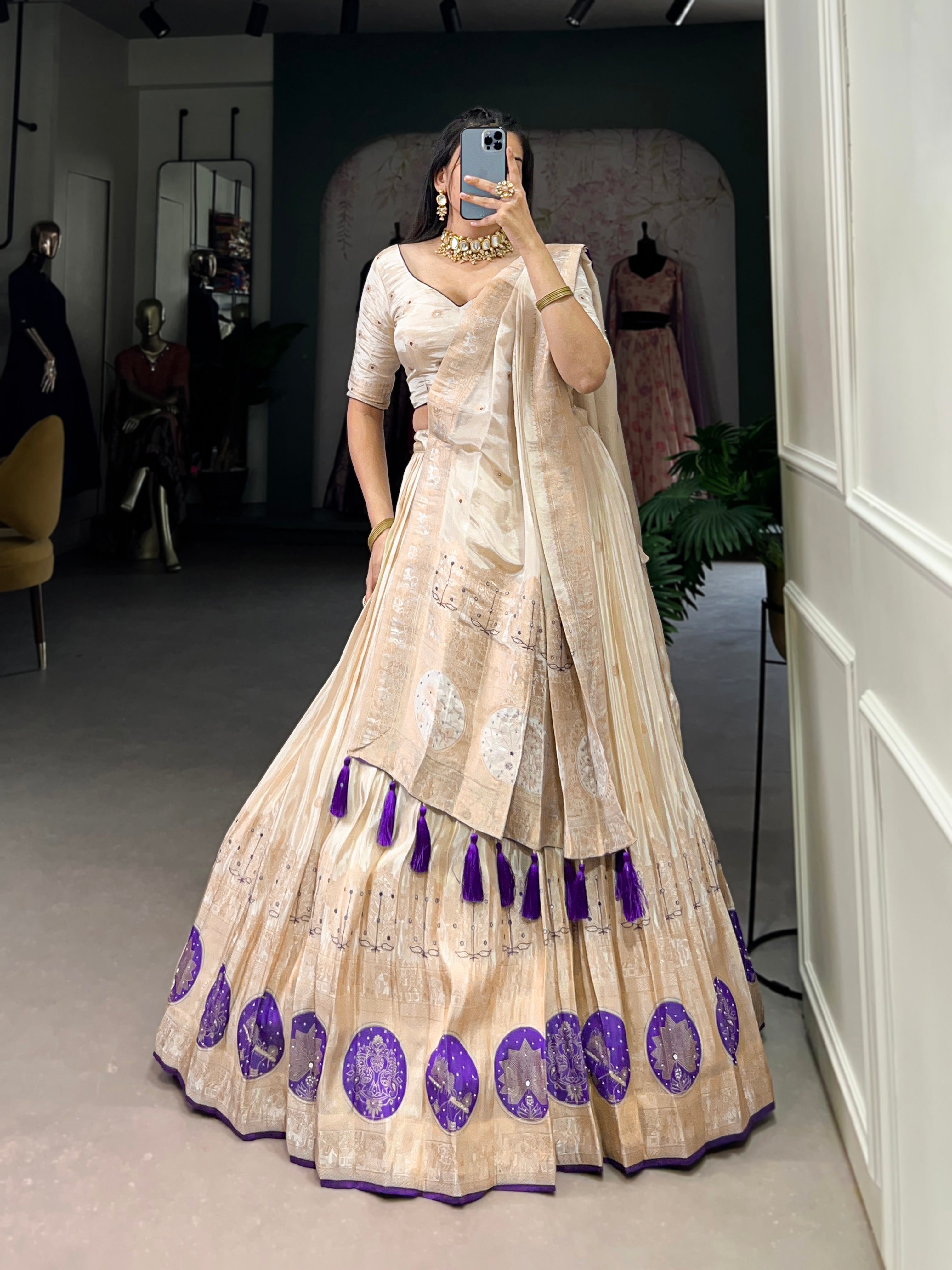 Lorenvalley Off White Pure Shimmer With Weaving Work with Mirror And Beads (Moti) Hand Work Lehenga Choli - Distacart