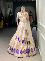 Thumbnail for Lorenvalley Off White Pure Shimmer With Weaving Work with Mirror And Beads (Moti) Hand Work Lehenga Choli - Distacart