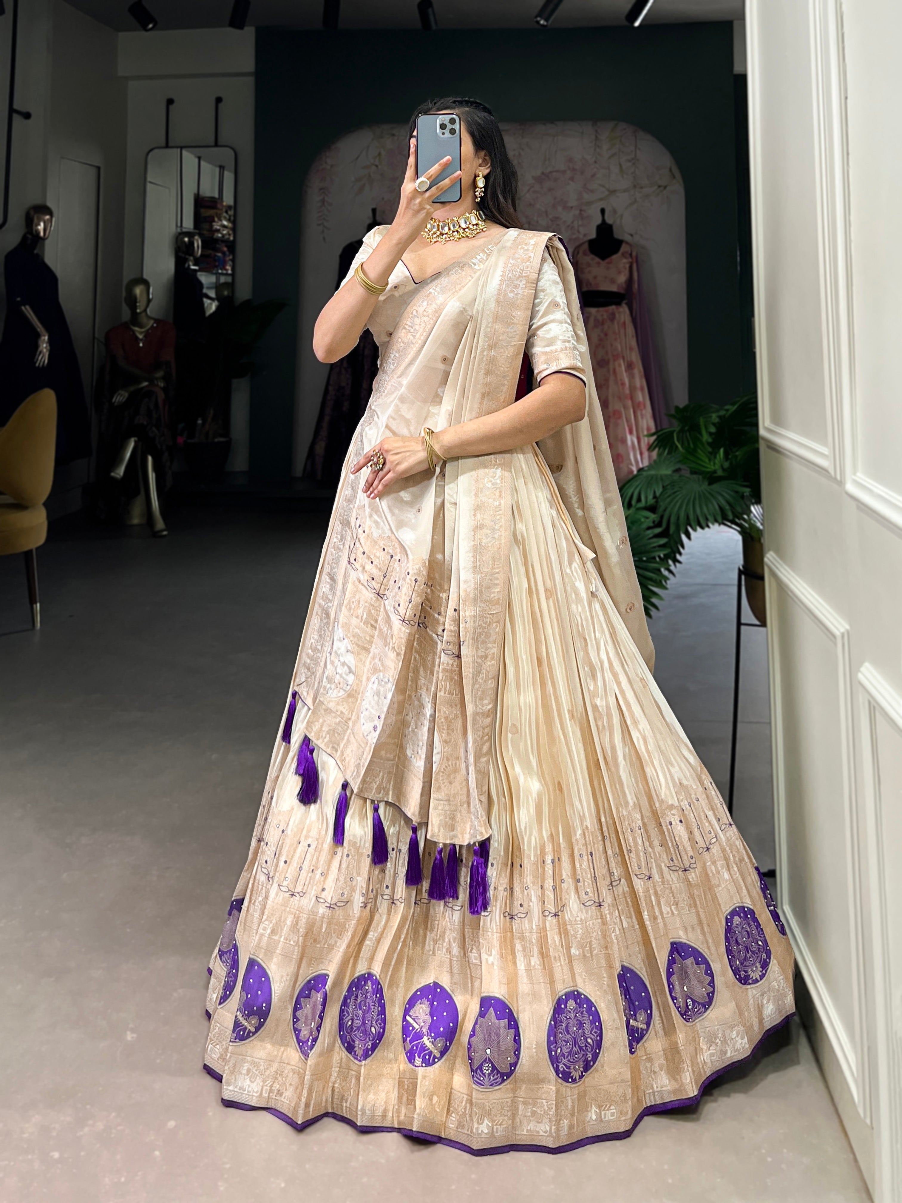 Lorenvalley Off White Pure Shimmer With Weaving Work with Mirror And Beads (Moti) Hand Work Lehenga Choli - Distacart