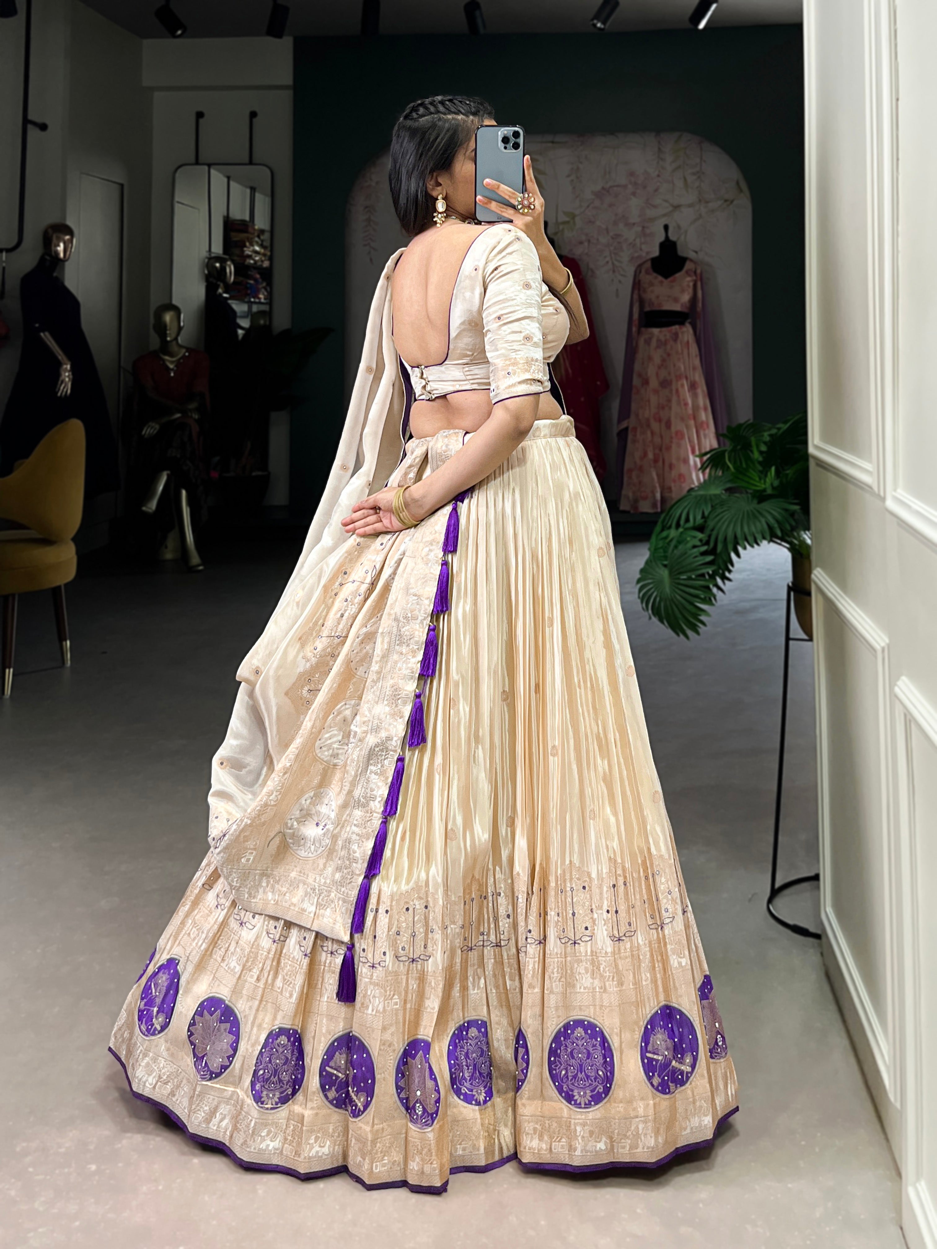 Lorenvalley Off White Pure Shimmer With Weaving Work with Mirror And Beads (Moti) Hand Work Lehenga Choli - Distacart
