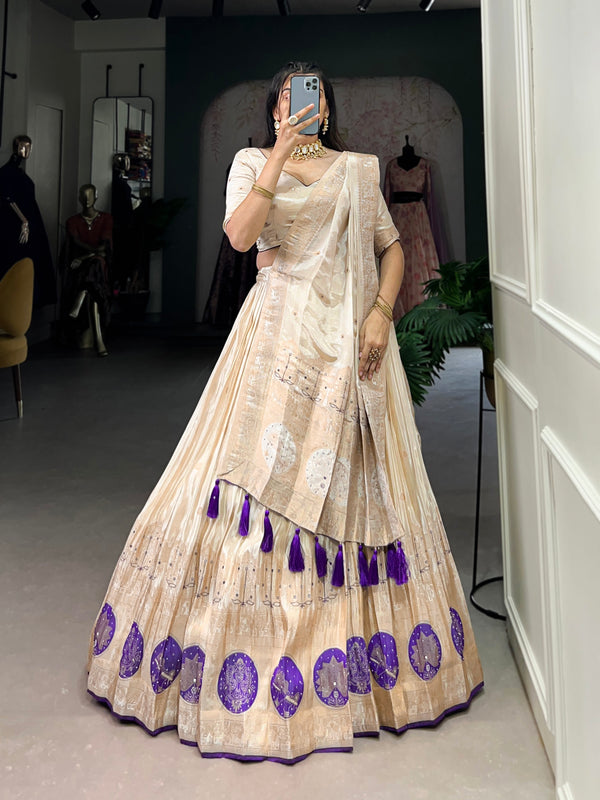 Lorenvalley Off White Pure Shimmer With Weaving Work with Mirror And Beads (Moti) Hand Work Lehenga Choli - Distacart