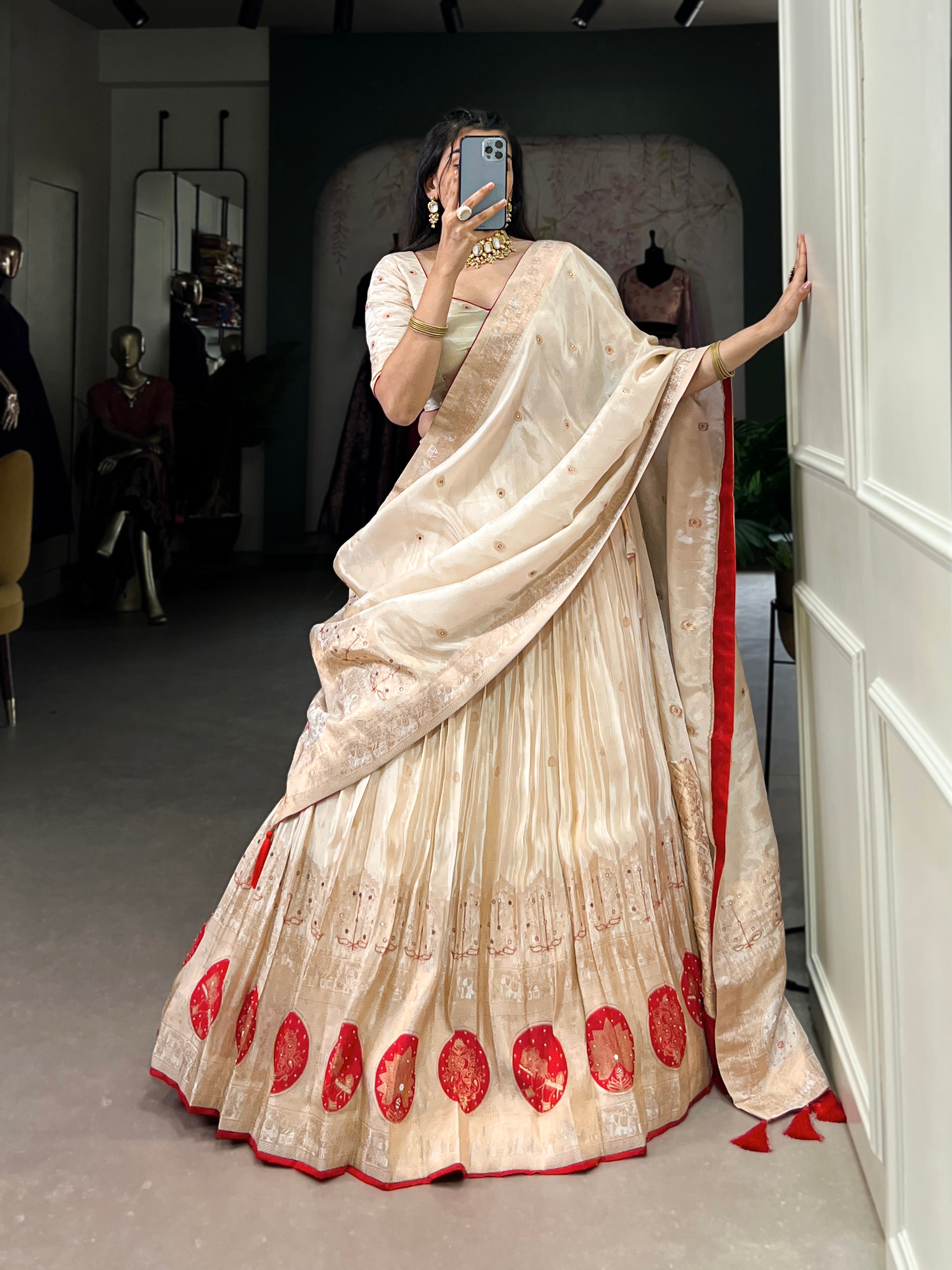 Lorenvalley Off White Pure Shimmer With Weaving Work with Mirror And Beads (Moti) Hand Work Lehenga Choli - Distacart